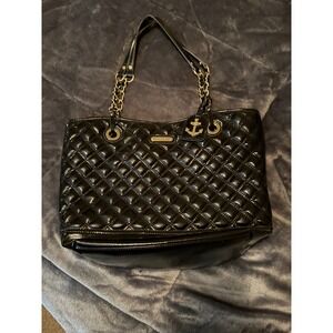 Anne Klein Black Quilted Patent Leather Tote Bag Gold Chain Anchor Charm Paisley